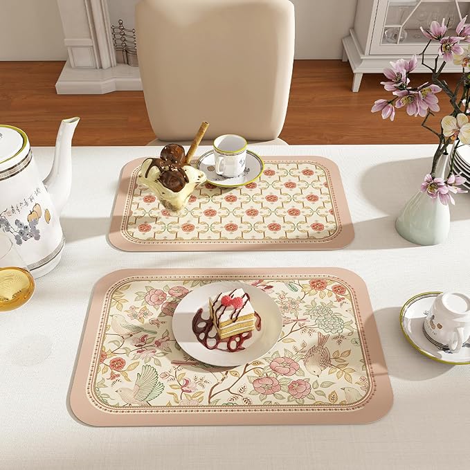 patdrea French Floral Bird Rectangular PVC Placemats, Pack of 6, Waterproof Insulation, Soft and Durable, Suitable for Dining Table, Kitchen and Coffee Table Decoration,12"*17"