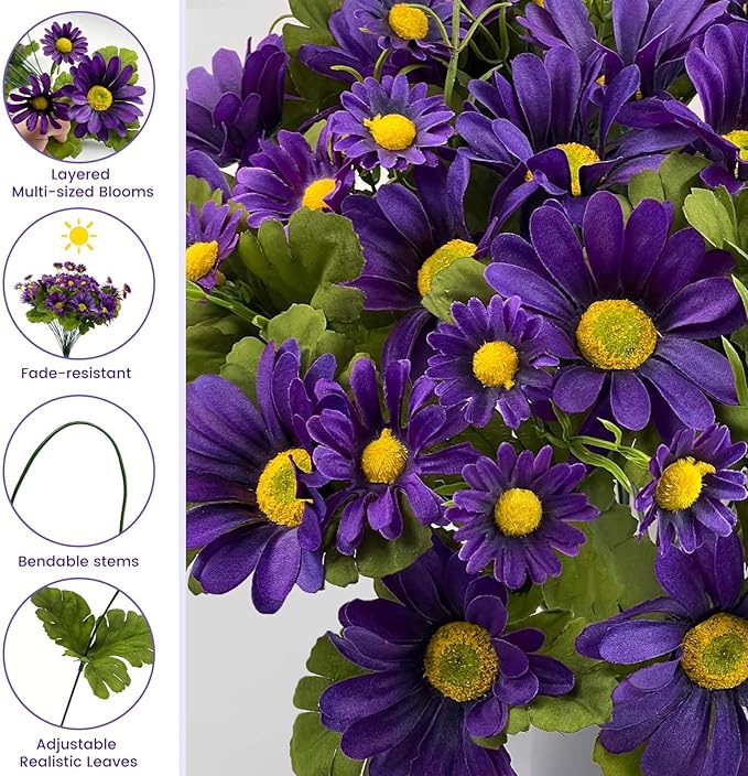 SNAIL GARDEN 54 Blooms Artificial Flower Bouquet, 15.7in Purple Artificial Daisy Flowers with 3 Sizes Blooms, Realistic Fake Wildflowers for Silk Flower Arrangements Indoor Outdoor Purple Fall Decor