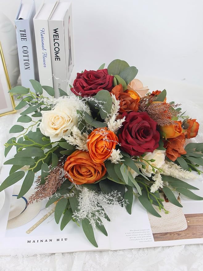 Rinlong 16 Inch Wedding Bouquets for Bride Fall Burgundy & Terracotta Roses, Dahlias, Peonies, Greenery Bouquet for Wedding, one, Boho