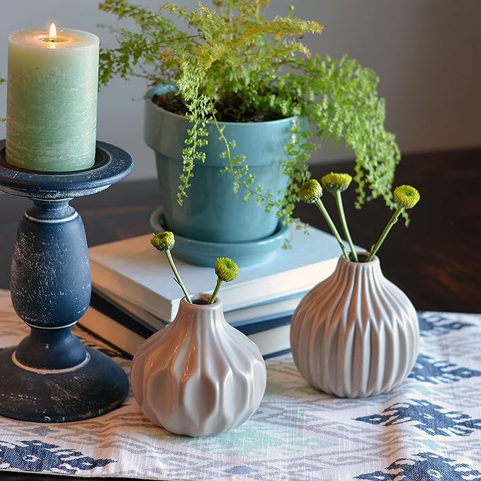 2 Piece Iconic Scandi Vase Set, Neutral Beige, Geometric, Stoneware, 4.25 Inches, Bud Flower Opening, Gourd Shape, Single Stem Vessel