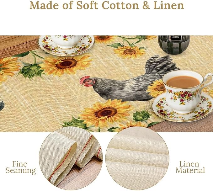 Rooster Sunflower Table Runner Vintage Farm Chicken Flower Dinner Runner for Country Farmhouse Home Kitchen Dinner Table Party Decoration 13x36in