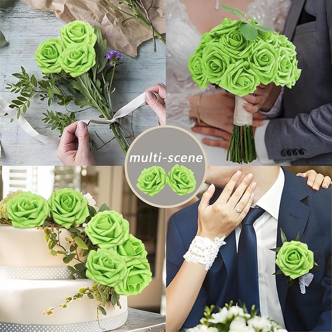 Artificial Flowers Roses Real Looking Foam Fake Roses with Leaves and for DIY Wedding Bouquets Bridal Shower Centerpieces Party Decorations (Green, 200)