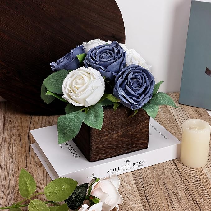 Dining Table Centerpiece Set of 3 - Pre-Made Aritifial Rose with Wooden Vase Fake Floral Arrangment Faux Flower for Wedding Bridal Tea Party Event Decorations - Navy Blue & White