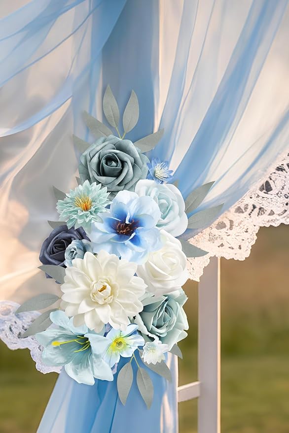 Artificial Flowers Blue Box Set for DIY Bridal Bouquets Wedding Shower Decorations Fake Floral Arrangements for Party Table Centerpieces Home Decor Indoor Outdoor