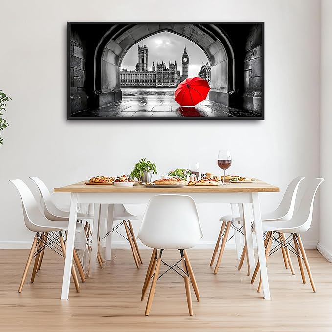 London City Large Wall Art Black and White Framed Red Wall Decor for Living Room, Big Ben Pictures Oversized Canvas Print Painting Modern Extra Large Framed Artwork for Bedroom Office 60"x30"