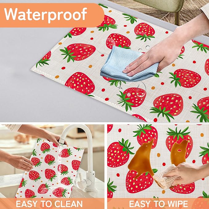 Cute Strawberry Placemat Set of 6,Heat Resistant Linen Table Mats for Indoor Outdoor Home Kitchen Dining Room Table 12x18Inch