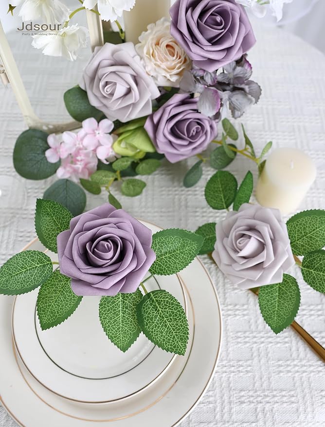 50pcs Artificial Flower，Real Touch Foam Roses w/Stem DIY for Wedding Bouquet Centerpieces Party Shower Home Decor-Violet Lavender Purple