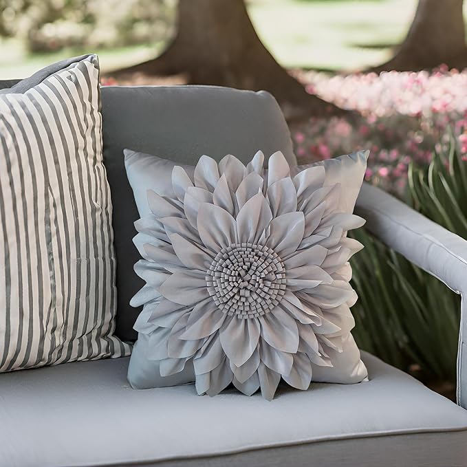 Bella's Giftshop 3D Sunflower Decorative Throw Pillow Covers for Bed Sofa Couch Car, Accent Floral Taffeta Cushion Cover, Handmade Pillow Cases Living Room Decor, 17x17 Inch-Gray/Silver