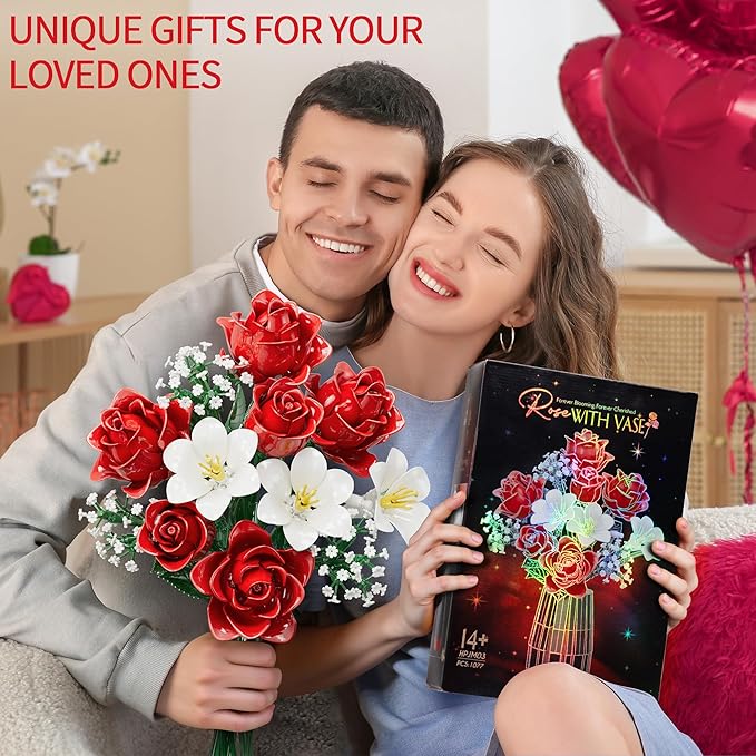Roses Flower Bouquet Building Blocks Set with Vase, Women Men Teen Girls Gifts for Christmas, 1077PCS Botanical Collection Artificial Flowers Birthday Gifts for Her Him Wife Husband Mom Grandma Adults