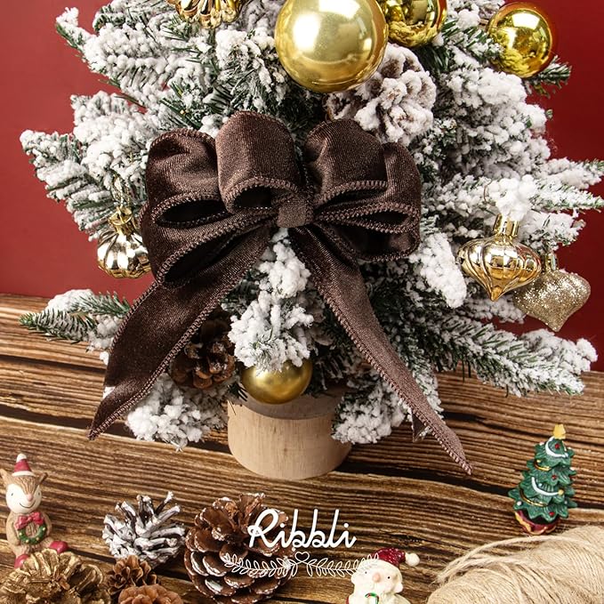 Ribbli Dark Brown Velvet Wired Ribbon 1.5 Inch Velvet with Satin Christmas Ribbon for Gift Wrapping Christmas Tree Decoration Crafts Wreaths Supplies-Continuous 10 Yards