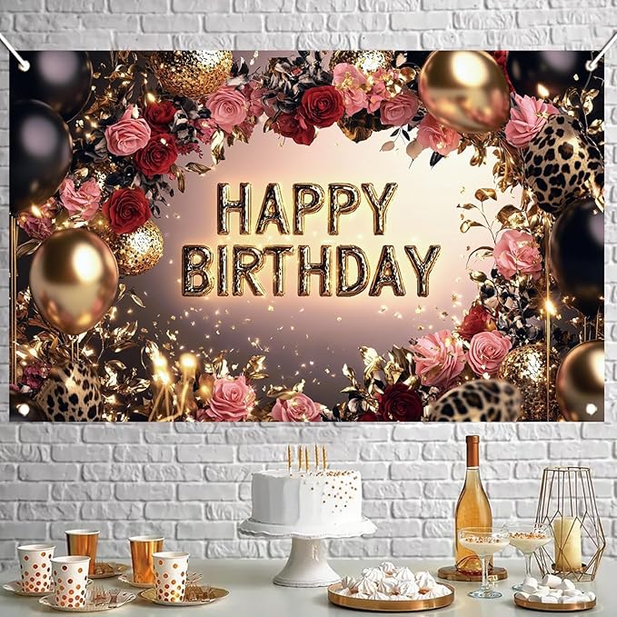 Red and Black Happy Birthday Backdrop Banner Gold Balloons Rose Flowers Leopard Print Party Decorations Photography Background Women Girls Birthday Photo Booth Props 71x43 Inch