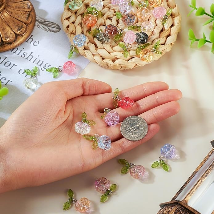 Beadthoven 28pcs Crystal Glass Rose Flower Charms 14 Colors Glass Flower Pendants Mini Rose Dangle Charms Jewelry Making Findings for DIY Earrings Bracelets Necklaces Women