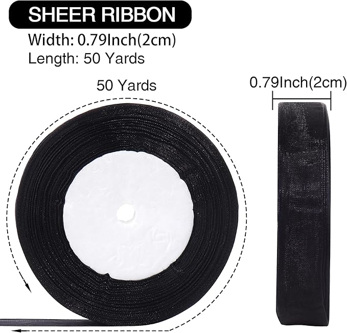 3/4 Inch x 50 Yards Sheer Organza Ribbon Chiffon Ribbon for Gift Wedding Flower Bouquet Wrapping Decorations Crafts (Black)