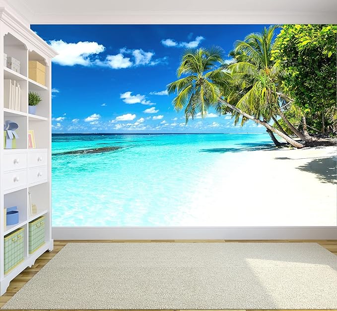 Palm Tree Wall Mural Tropic Paradise Beach Seascape Murals Wallpaper for Walls Bedroom Living Room Bedroom TV Background Kids Room Decoration（Not Peel and Stick）