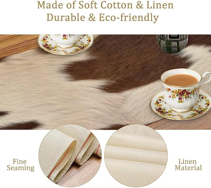 Cow Print Table Runner, Brown Cowhide Western Style Runner Country Farmhouse Cottage Patten Decoration for Home Kitchen Dining,13x90 Inch