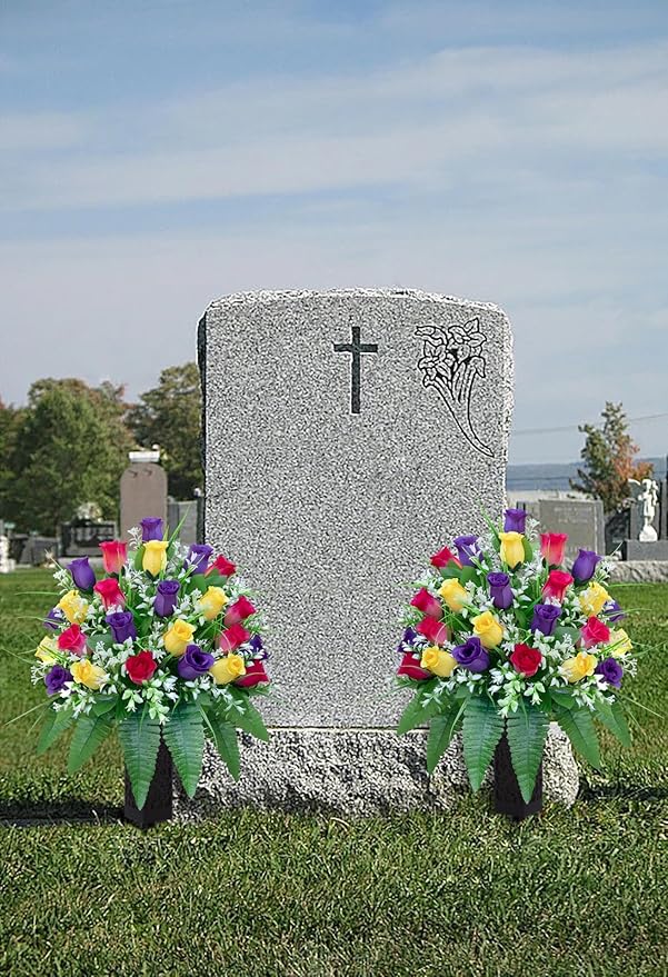 Artificial Cemetery Flowers, Gravesite Decoration Roses, Memorial Bouquets with Cemetery Vase, Vibrant and Long-Lasting Colors (Yellow+Purple+Brilliant Red, 2 Bundles)