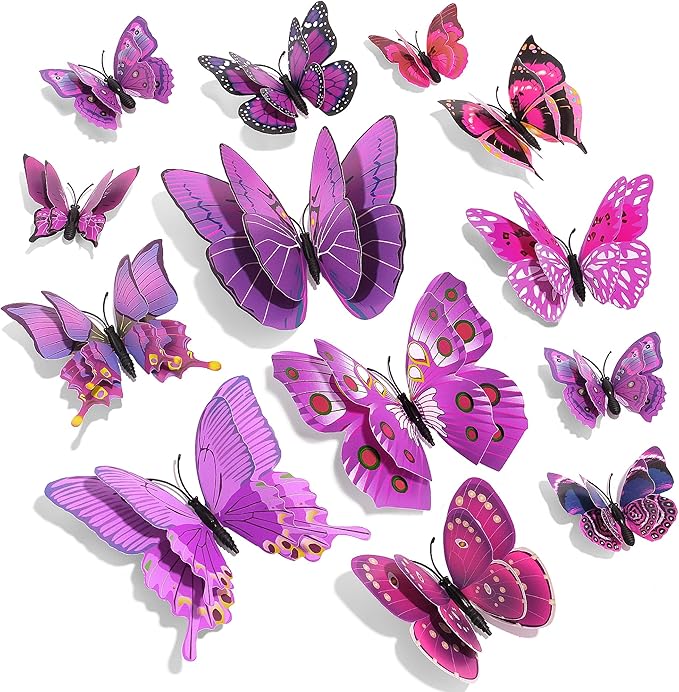 SAOROPEB 3D Butterfly Wall Decor, 24 Pcs Double Layer Butterfly Decorations for Party Decorations Locker Decor Refrigerator Decal, Reusable (Purple)