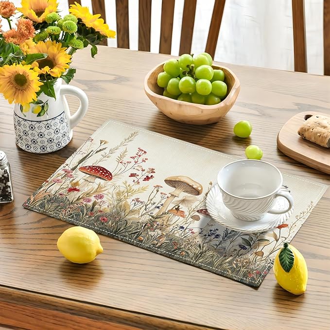 Cute Mushroom Placemats Set of 6, Flowers Plant Place Mats, Rustic Leaves Dining Table Mats, Washable Placemats for Kitchen Dining Room 18L'' × 12W''