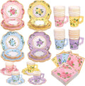 96 Piece Floral Paper Tea Cups and Saucers 9 Oz Teacup with Handle 9 Inch and 7 Inch Paper Plate Napkin Disposable Tea Party Supplies Serve 24 for Wedding Birthday, Pink, Blue, Yellow, Purple