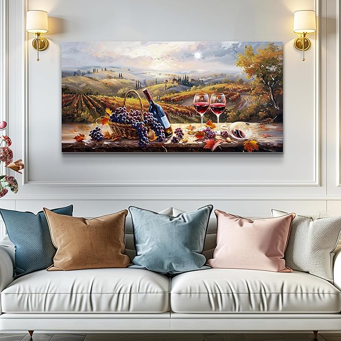 hyidecorart Rustic Wine Large Canvas Wall Art Dining Room Kitchen Still Life Painting Vintage Farmhouse Restaurant Decoration Colorful Artwork Prints for Bar Living Room Posters Landscape Wall Decor