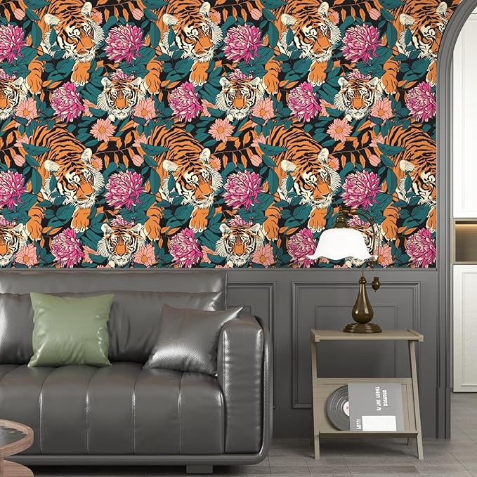 Tiger Wallpaper Peel and Stick Vintage Floral Contact Paper Retro Boho Leaf Wall Paper Removable Waterproof Renter Friendly Wall Decor for Bedroom Countertop Desk Cabinet 17.5 x 118In