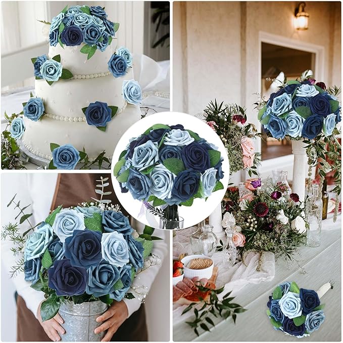 100 Pieces Artificial Foam Rose Flowers Faux Bouquet with Leaves and Stems for DIY Wedding Bouquets Centerpieces Bridal Shower Party Valentine Home Decorations(Shades of Blue)
