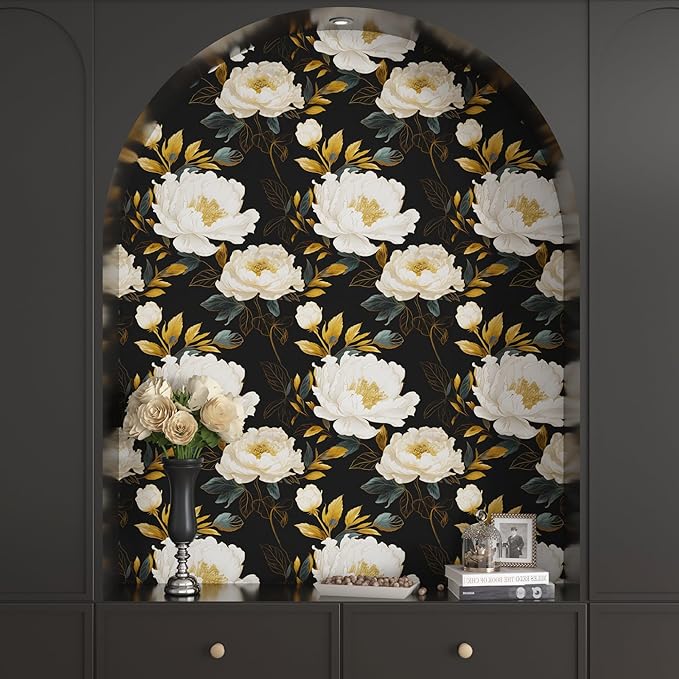 Extra Long Dark Floral Peel and Stick Wallpaper, 17.5In x 393In Vintage Big Peony Flower Waterproof Wallpaper for Room Cubicle Drawer, Vinyl Removable Contact Paper Wall Decor Black White