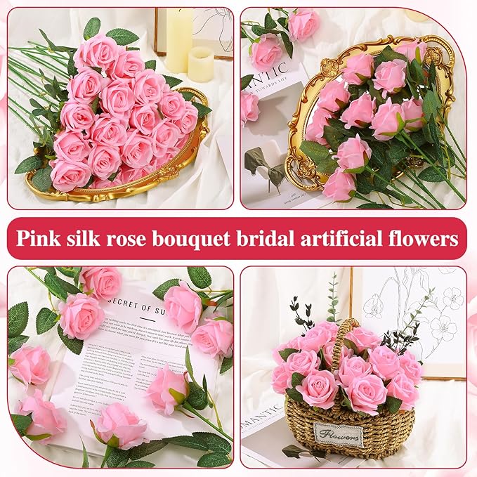 80 Pcs Roses Artificial Flowers, Silk Pink Artificial Flowers Petals Long Stem Roses for Wedding Bouquet Home Party Decor