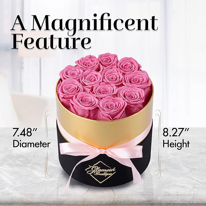 GLAMOUR BOUTIQUE Eternal Preserved Roses in a Box - Flowers Forever, Rose Forever in a Box for Wife, Birthday Gifts for Her, 12 Roses, Pink
