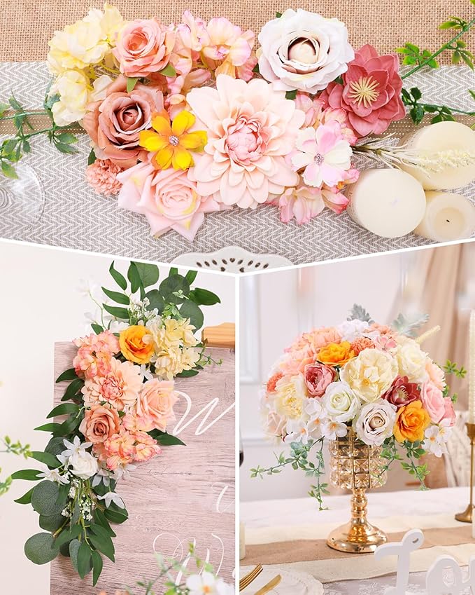 Senseya Artificial Flowers Combo, Champagne Silk Roses, Peonies, Dahlias with Stems for DIY Wedding Bouquets, Baby Shower, Table Centerpieces, Home Decor, Fake Floral Arrangements, Party Decorations