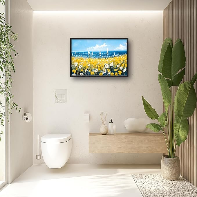 Coastal Flowers Large Wall Art Framed Blue Wall Decor for Living Room Ocean Sailboat Pictures Oversized Canvas Print Painting Modern Extra Large Framed Artwork for Bedroom Office 36"x24"