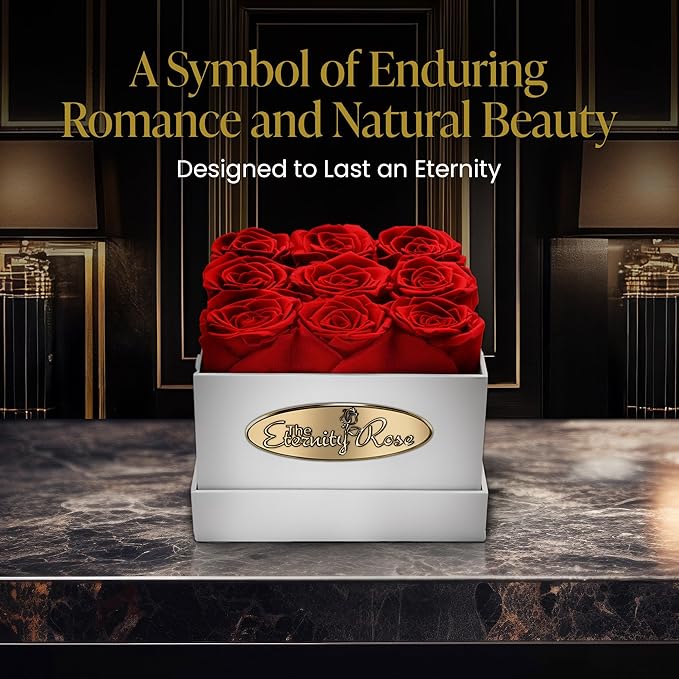The Eternity Rose 9-Piece Preserved Roses in a Luxury Gift Box – Real Roses in Square White Box – A Valentine’s Gift as Everlasting as Your Love