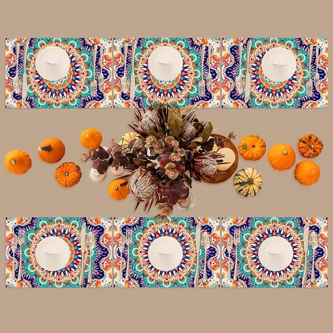 Ethnic Colorful Flower Mandala Placemats Set of 1 PVC Vinyl Non Slip Table Mats Waterproof Heat Resistant Place Mats Washable Wipeable Dining Table Mat for Kitchen Party Farmhouse Indoor Decorative