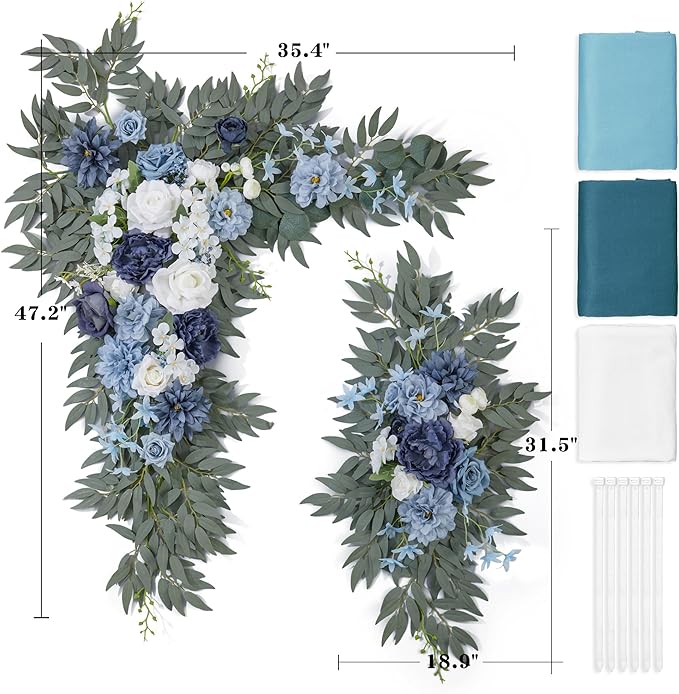 Wedding Arch Flowers with Drapes Kit (Pack of 5) - 2pcs Artificial Dusty Blue Deluxe Swag with 3pcs Sheer Drapes for Wedding Ceremony Backdrop Rose Floral Decoration Arbor Reception
