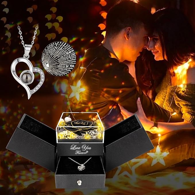 Preserved Black Real Rose-Eternal Flowers Rose Gifts for Mom Grandma Wife Girlfriend on Mothers Day Birthday Valentines Christmas Anniversary Romantic Gifts for Her with I Love You Necklace