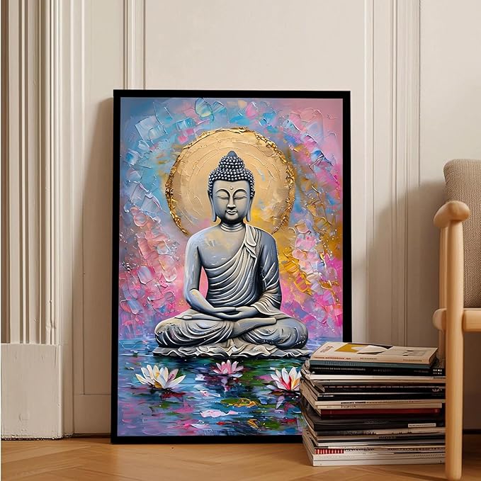 Lotus and golden Buddha meditation tranquil zen wall art mindfulness wall art for spiritual harmony and tranquility decor 20x30in Metal blackFramed