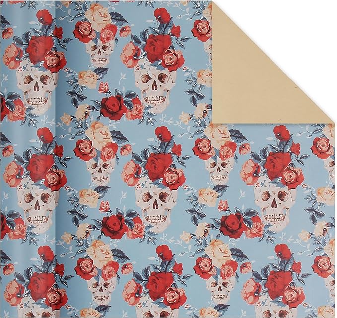 Aimyoo Blue Red Floral Skull Kraft Wrapping Paper Jumbo Roll, Gothic Flower Gift Wrap Paper for Birthday Bridal Shower 17 in x 60 ft