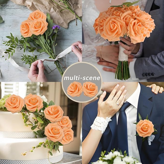 200PCS Orange Artificial Flowers Roses Real Looking Foam Fake Roses with Leaves for DIY Wedding Bouquets Bridal Shower Party Decorations (Orange, 200)