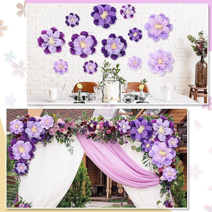 MotiMind 12 Pcs Large Colorful Tissue Paper Flowers 20" 10'' Giant Fiesta Paper Flowers Mexican Pom for Carnival Party Wall Backdrop Decoration Wedding Birthday(Gradient Purple)