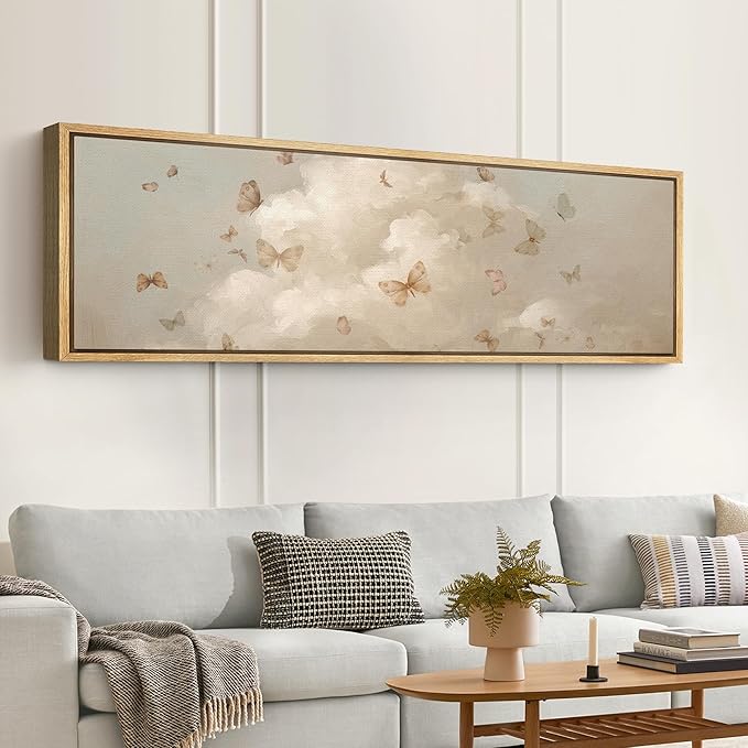 SIGNFORD Large Framed Canvas Print Wall Art Butterflies in the Clouds Dreamy Neutral Sky with Flying Butterflies Illustrations Modern Art Relax/Calm Warm for Living Room, Bedroom, Office - 60"x20"