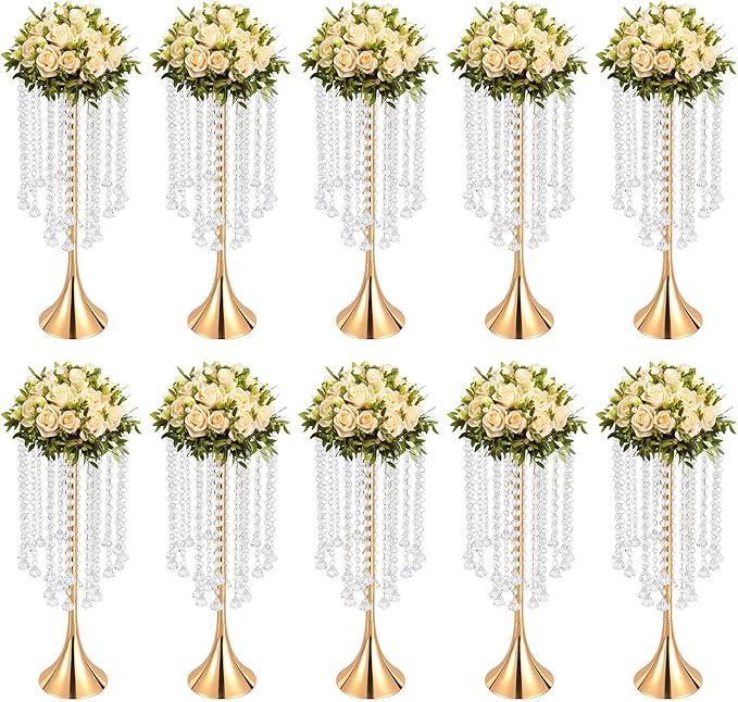 Crystal Chain Flower Vases, 10 Pcs Acrylic Vase Stands with Hand Strung Beads Top Flower Plate Enlarged Trumpet-Shaped Base and Easy Assemble Tabletop Wedding Crystal Flower Stands for Home Decoration