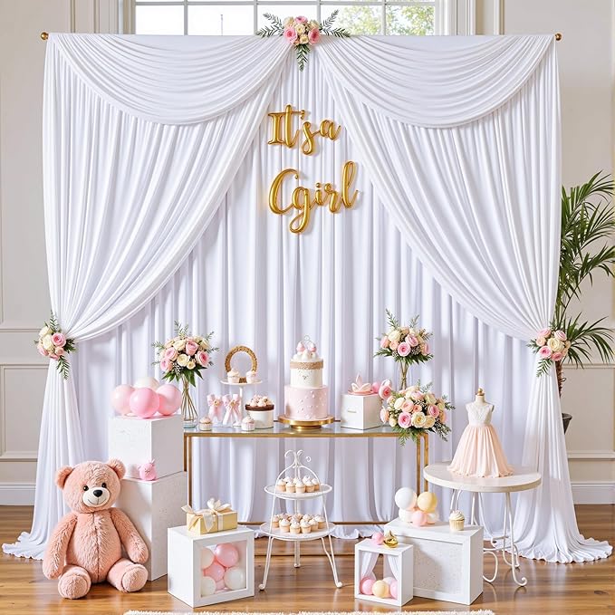 gogoparti 30x12 ft White Wrinkle-Free Backdrop Curtain for Weddings & Parties - 6 Panels (5x12 ft Each) for Birthday, Baby Shower, Halloween Photography Background