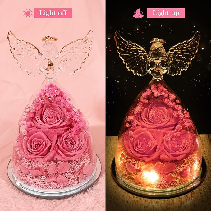 Preserved Flower Rose Gifts for Women, Forever Eternal Fresh Flowers in Glass Angel Figurines Flowers for Delivery Prime Pink Roses for Grandma Mom Sister Her Wife on Mothers Day Birthday Christmas