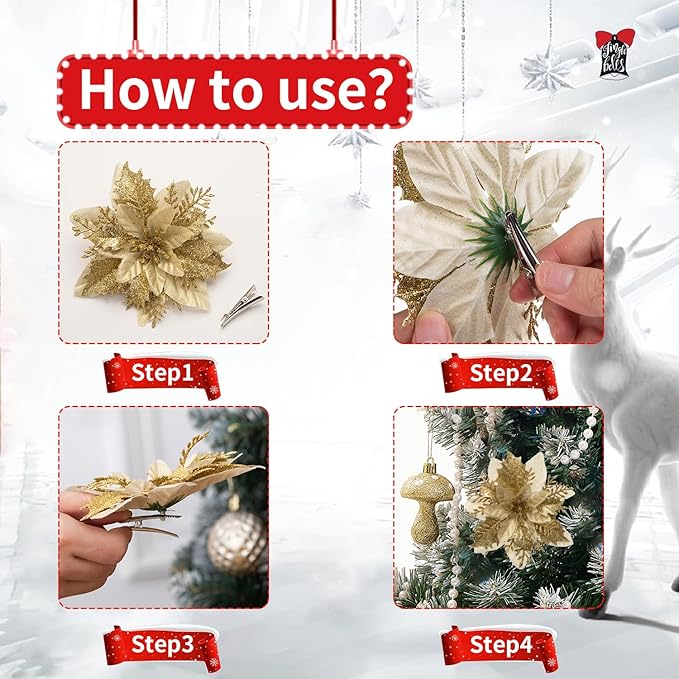 24Pcs Christmas Poinsettia Artificial Flowers and Glitter Berries Kit, 2 Styles Total 16Pcs Christmas Tree Flowers Ornaments, 8Pcs Christmas Tree Picks for Wedding Holiday Decorations, Gold