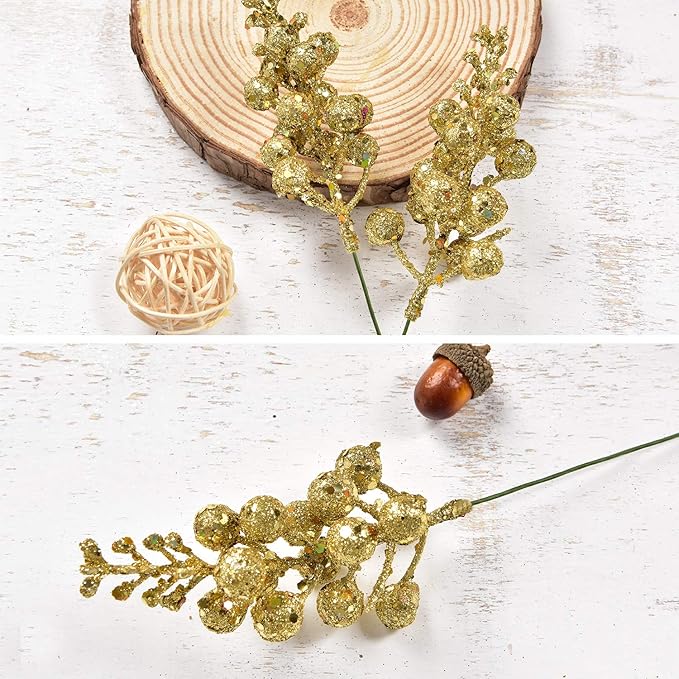 DearHouse 14 Pack Christmas Glitter Berries Stems, 7.8Inch Artificial Christmas Picks for Christmas Tree Ornaments, DIY Xmas Wreath, Crafts, Holiday and Home Decor (Gold)