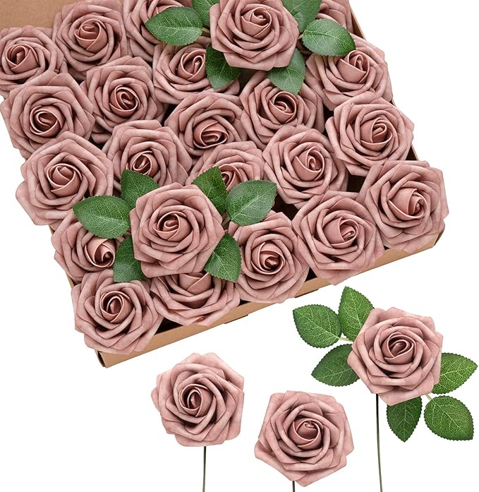 Ling's moment Artificial Flowers 50Pcs Dusty Rose Roses Decor w/Stems,3" Real Touch DIY Foam Floral for Wedding Bouquet/Centerpieces, Outdoors Party Backdrop, Room/Table, and Garden/Pot Decorations