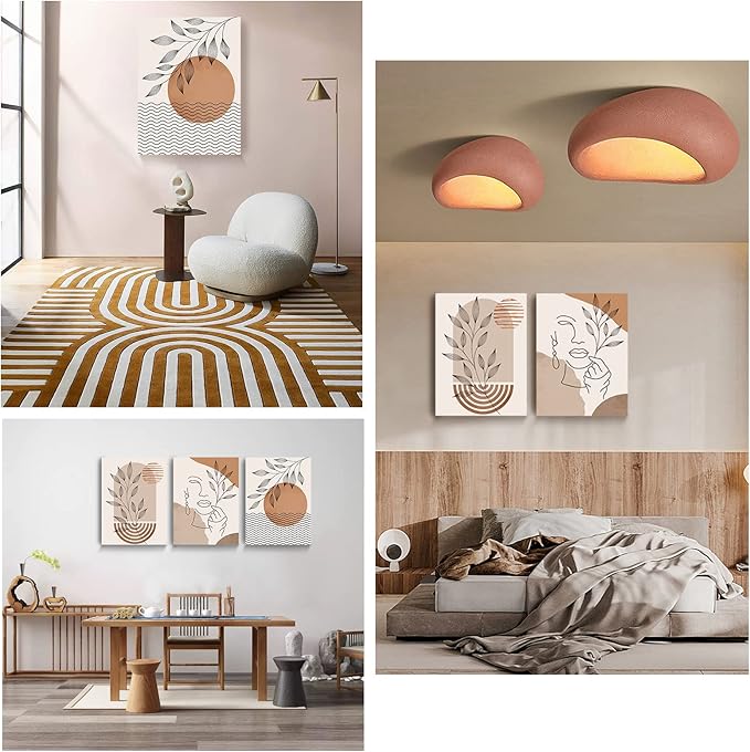SERIMINO Boho Framed Wall Art Set of 3, Minimalist Wall Decor Living Room, Geometric Line Leaf Sun Moon Canvas Artwork Paintings for Bathroom, Home Decor Print, 12"x16"