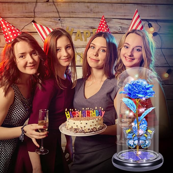 Pusuny Christmas Rose Gifts for Women Galaxy Glass Rose Forever Eternal Crystal Flower Birthday Gift Light Up Roses in Glass Dome with Butterfly Xmas Gifts for Women Mom Grandma Wife Her Sister Blue