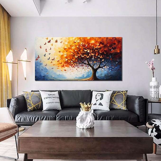 ANCXWOTER Butterfly Tree Canvas Wall Art for Living Room Bedroom Home Office Orange and Blue Colorful Butterfly Picture Tree of Life Wall Art Large Modern Canvas Prints 29x59 In