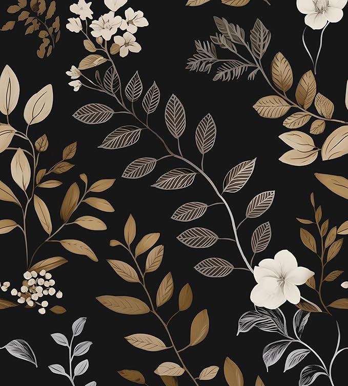Black Floral Wallpaper Peel and Stick Vintage Leaf Contact Paper Waterproof Self Adhesive Removable Modern Boho Wall Paper for Bedroom Cabinets Kitchen Locker Drawer 17.5"X118"